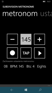 Screenshot of Subdivision Metronome application on Windows Phone system